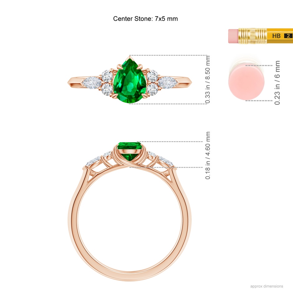 7x5mm AAAA Pear Shape Emerald Side Stone Engagement Ring with Diamonds in 18K Rose Gold ruler