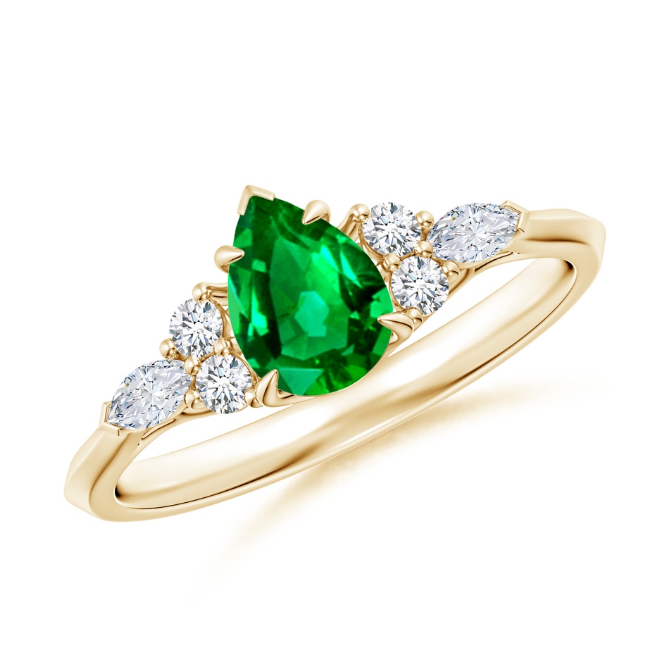 7x5mm AAAA Pear Shape Emerald Side Stone Engagement Ring with Diamonds in 18K Yellow Gold 