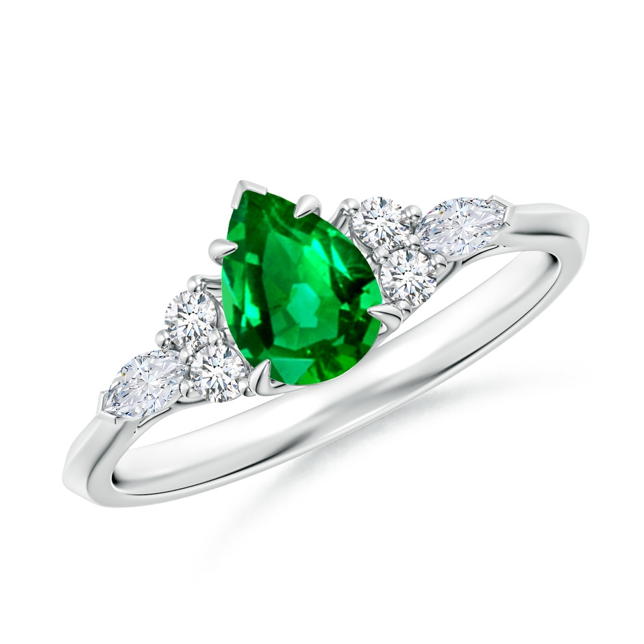 7x5mm AAAA Pear Shape Emerald Side Stone Engagement Ring with Diamonds in White Gold 