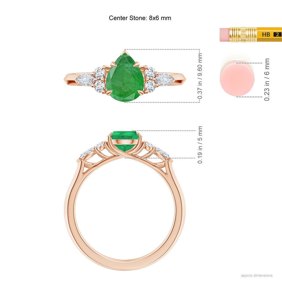 8x6mm A Pear Shape Emerald Side Stone Engagement Ring with Diamonds in Rose Gold ruler