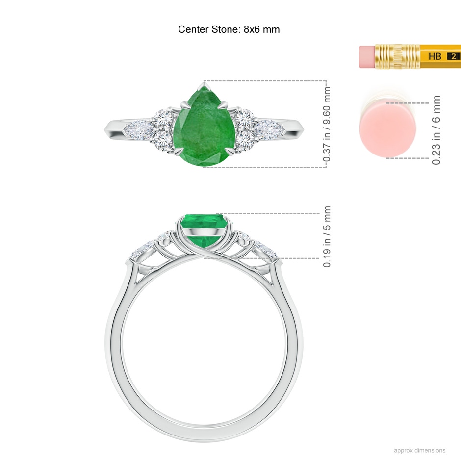 8x6mm A Pear Shape Emerald Side Stone Engagement Ring with Diamonds in White Gold ruler