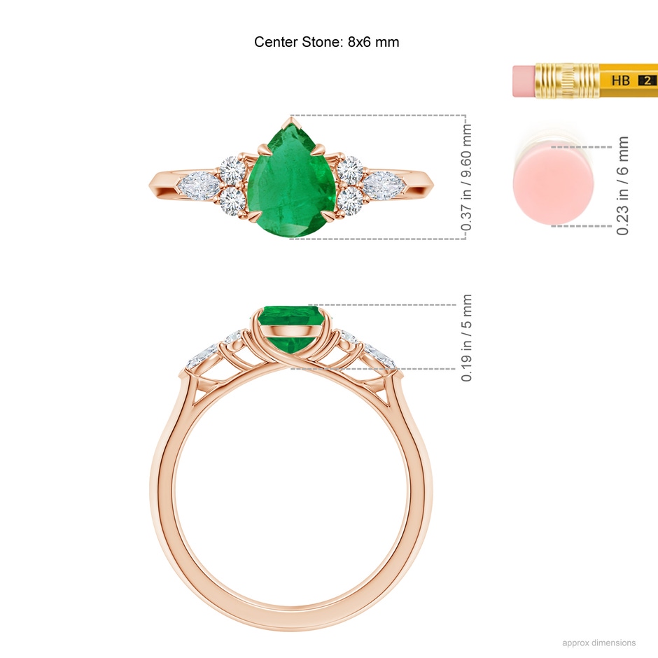 8x6mm AA Pear Shape Emerald Side Stone Engagement Ring with Diamonds in Rose Gold ruler