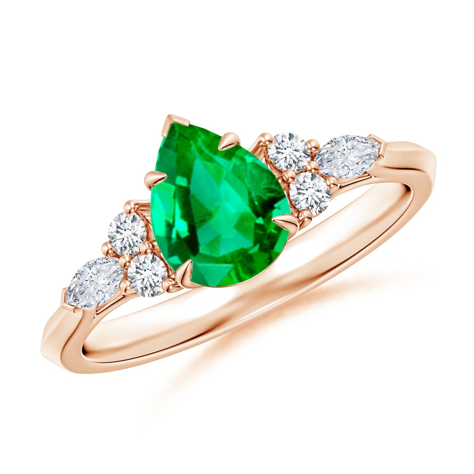 8x6mm AAA Pear Shape Emerald Side Stone Engagement Ring with Diamonds in Rose Gold 