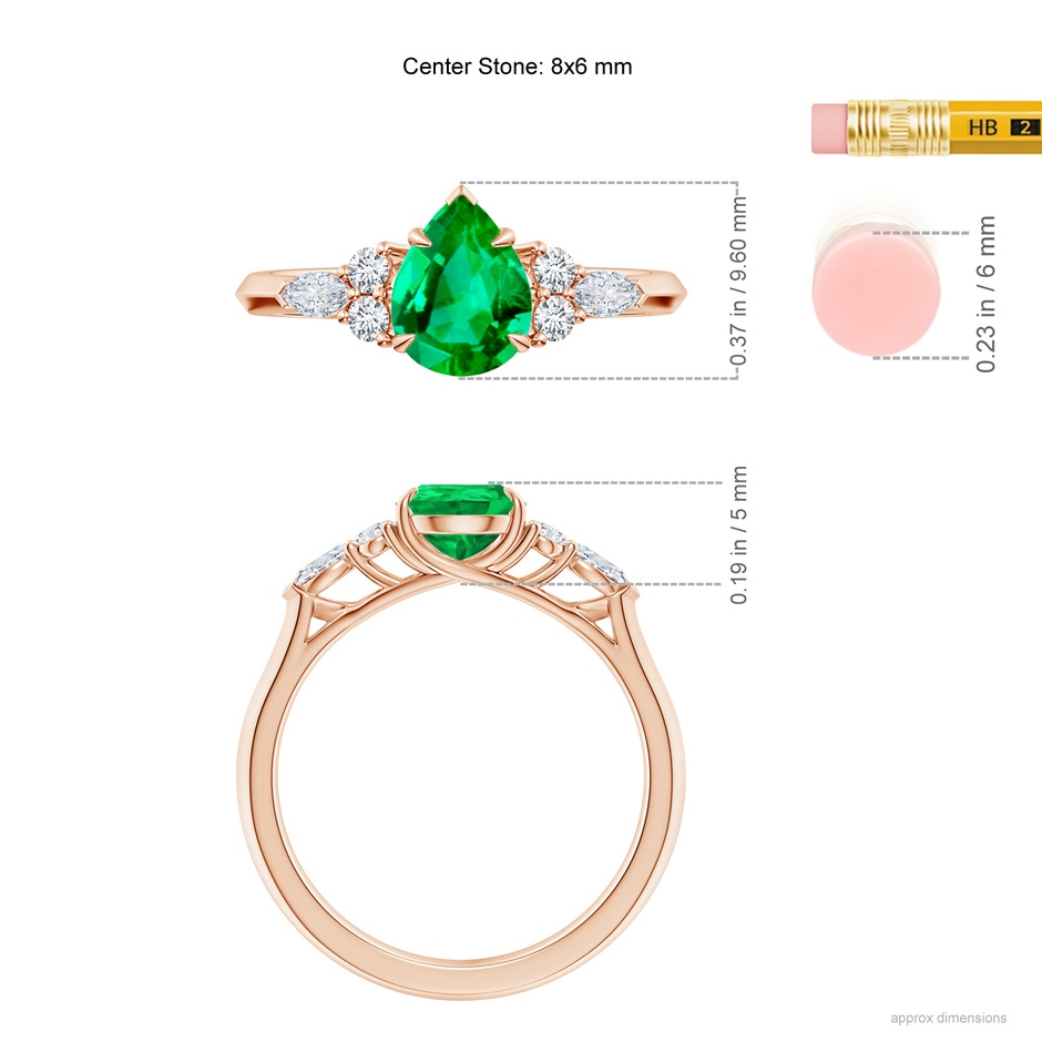 8x6mm AAA Pear Shape Emerald Side Stone Engagement Ring with Diamonds in Rose Gold ruler