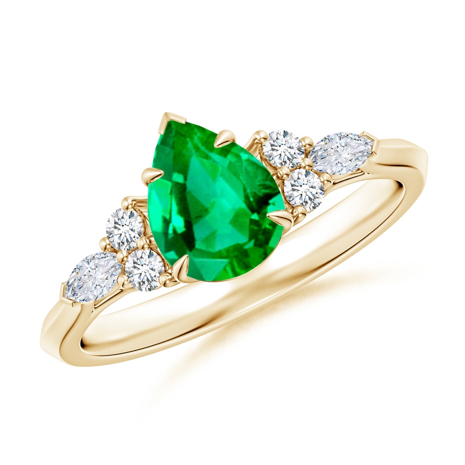 8x6mm AAA Pear Shape Emerald Side Stone Engagement Ring with Diamonds in Yellow Gold 