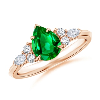 8x6mm AAAA Pear Shape Emerald Side Stone Engagement Ring with Diamonds in 10K Rose Gold