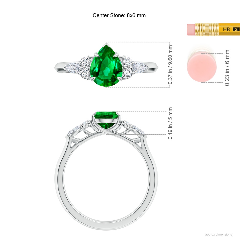 8x6mm AAAA Pear Shape Emerald Side Stone Engagement Ring with Diamonds in P950 Platinum ruler