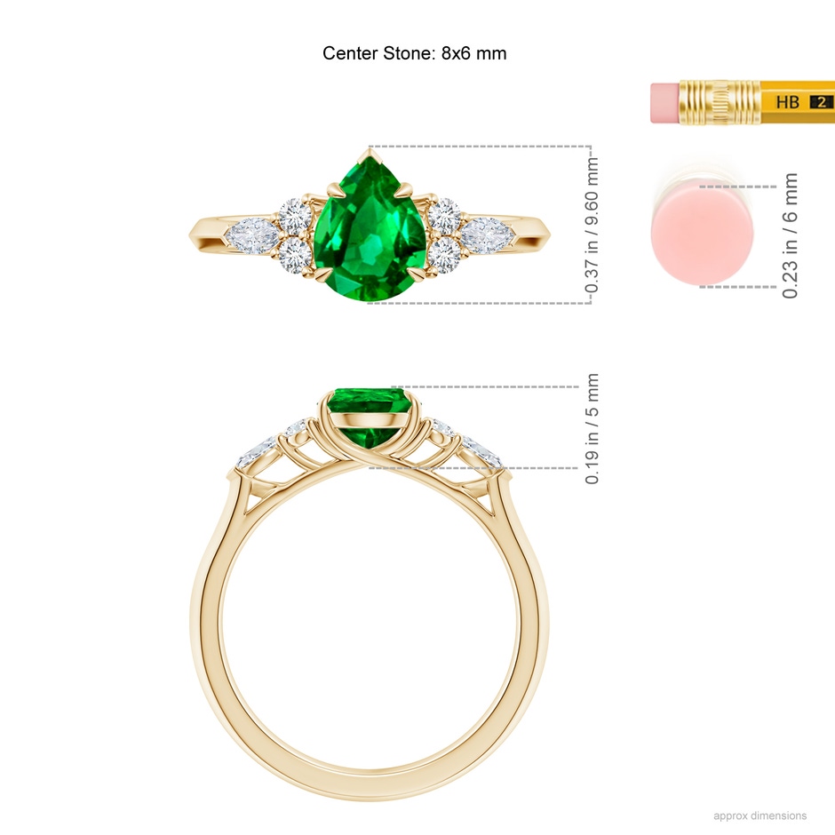 8x6mm AAAA Pear Shape Emerald Side Stone Engagement Ring with Diamonds in Yellow Gold ruler