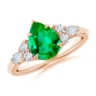 9x7mm AAA Pear Shape Emerald Side Stone Engagement Ring with Diamonds in 10K Rose Gold
