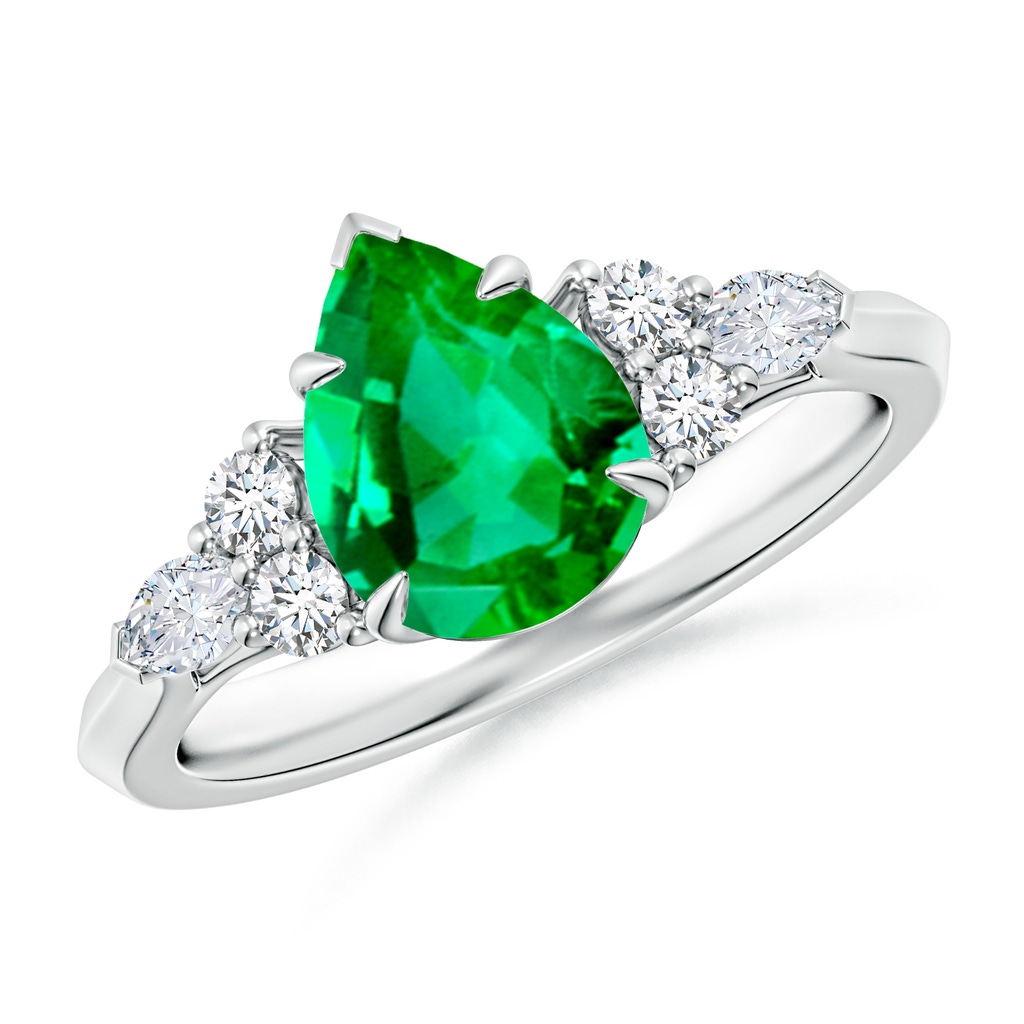 9x7mm AAA Pear Shape Emerald Side Stone Engagement Ring with Diamonds in White Gold