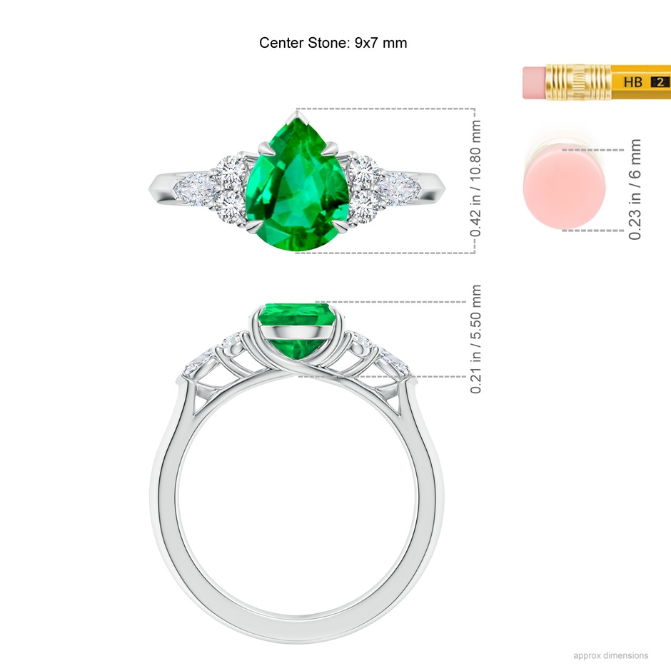 9x7mm AAA Pear Shape Emerald Side Stone Engagement Ring with Diamonds in White Gold ruler