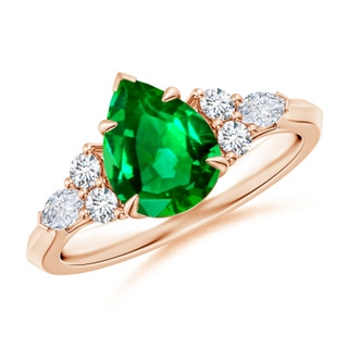 9x7mm AAAA Pear Shape Emerald Side Stone Engagement Ring with Diamonds in 10K Rose Gold