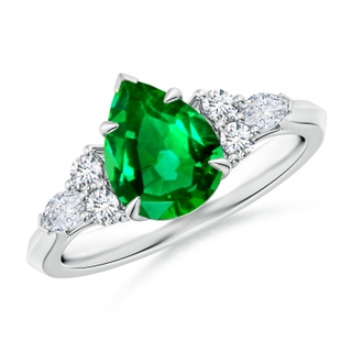 9x7mm AAAA Pear Shape Emerald Side Stone Engagement Ring with Diamonds in P950 Platinum