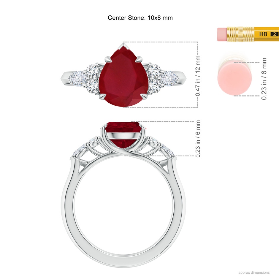 10x8mm AA Pear Shape Ruby Side Stone Engagement Ring with Diamonds in White Gold ruler