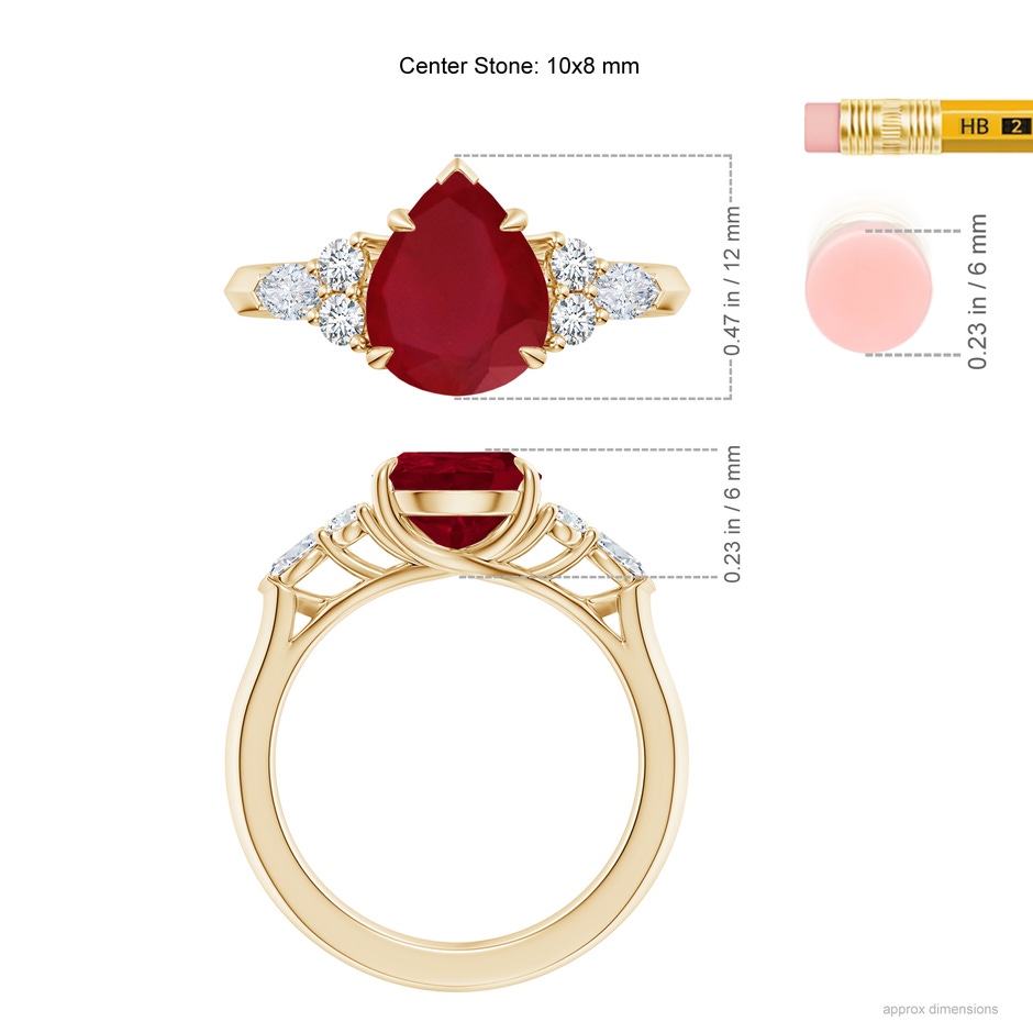 10x8mm AA Pear Shape Ruby Side Stone Engagement Ring with Diamonds in Yellow Gold ruler