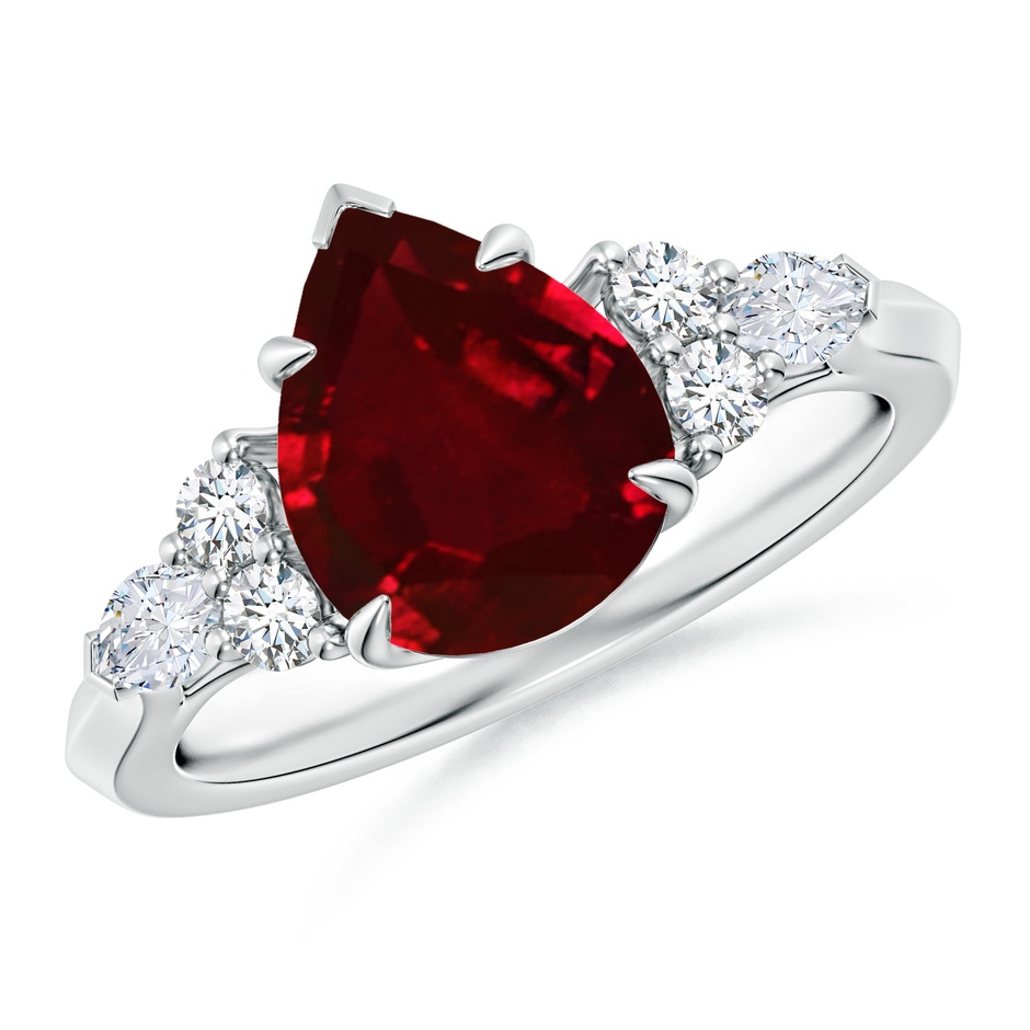 10x8mm AAAA Pear Shape Ruby Side Stone Engagement Ring with Diamonds in P950 Platinum 