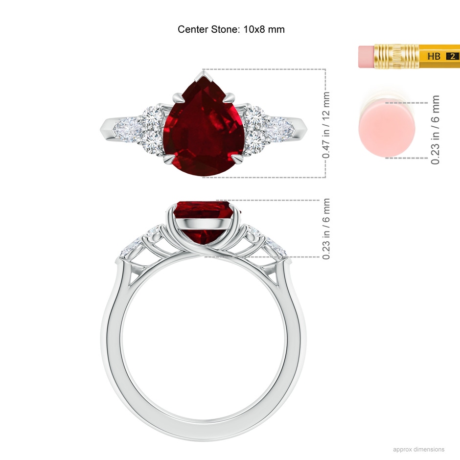 10x8mm AAAA Pear Shape Ruby Side Stone Engagement Ring with Diamonds in P950 Platinum ruler