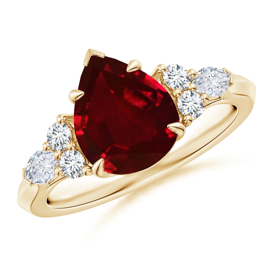 10x8mm AAAA Pear Shape Ruby Side Stone Engagement Ring with Diamonds in Yellow Gold 