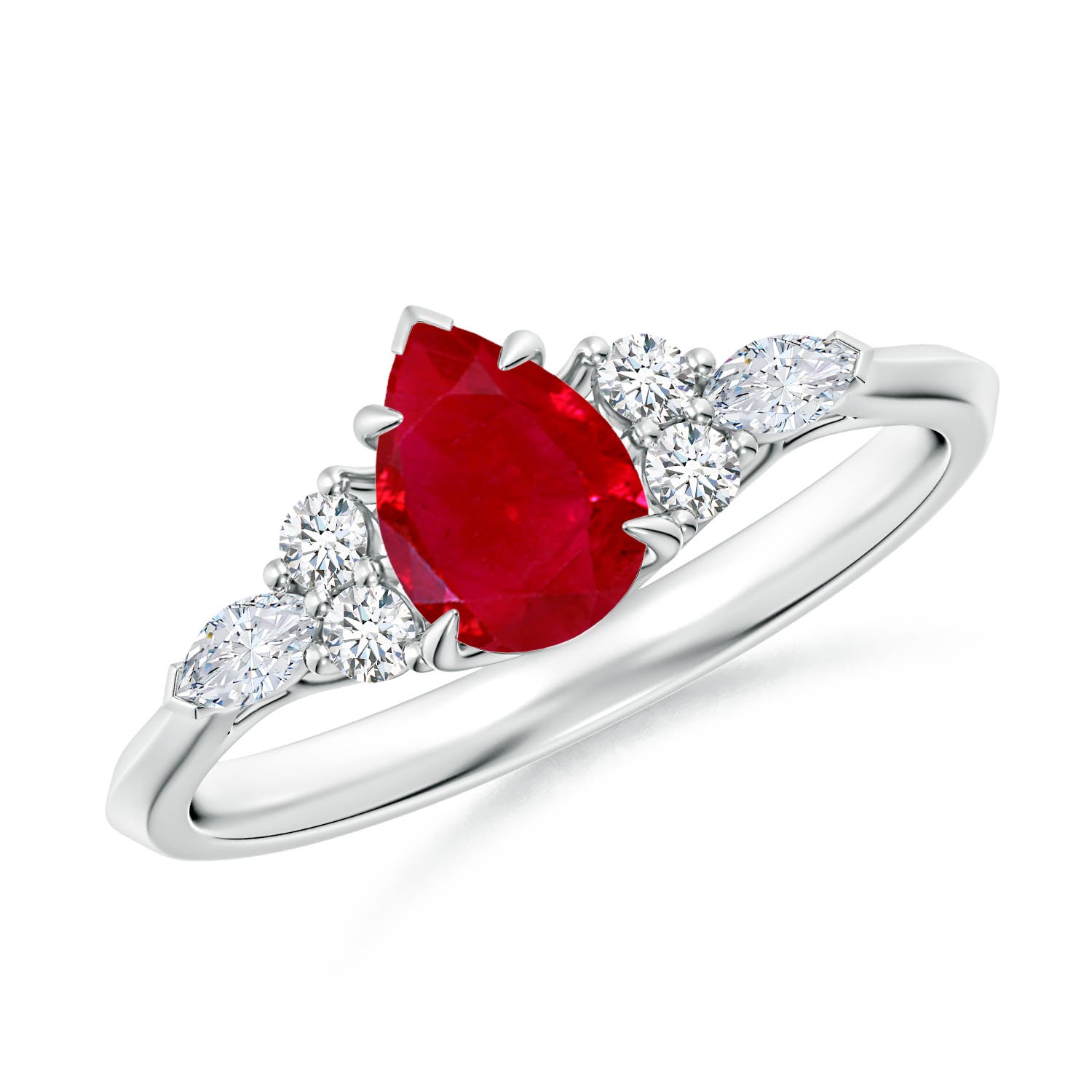 7x5mm AAA Pear Shape Ruby Side Stone Engagement Ring with Diamonds in White Gold
