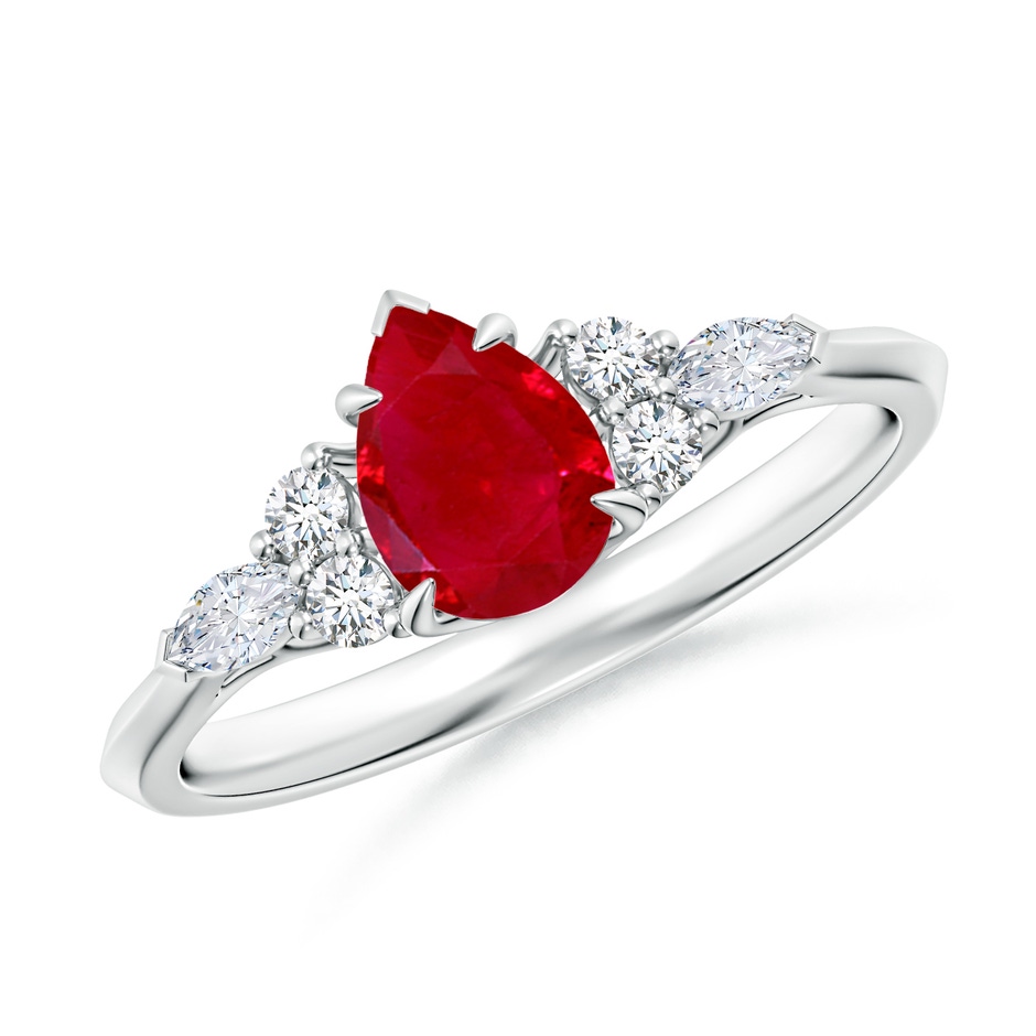 7x5mm AAA Pear Shape Ruby Side Stone Engagement Ring with Diamonds in White Gold 