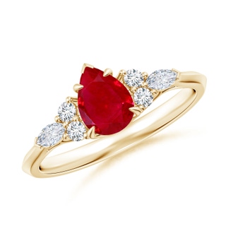 7x5mm AAA Pear Shape Ruby Side Stone Engagement Ring with Diamonds in Yellow Gold