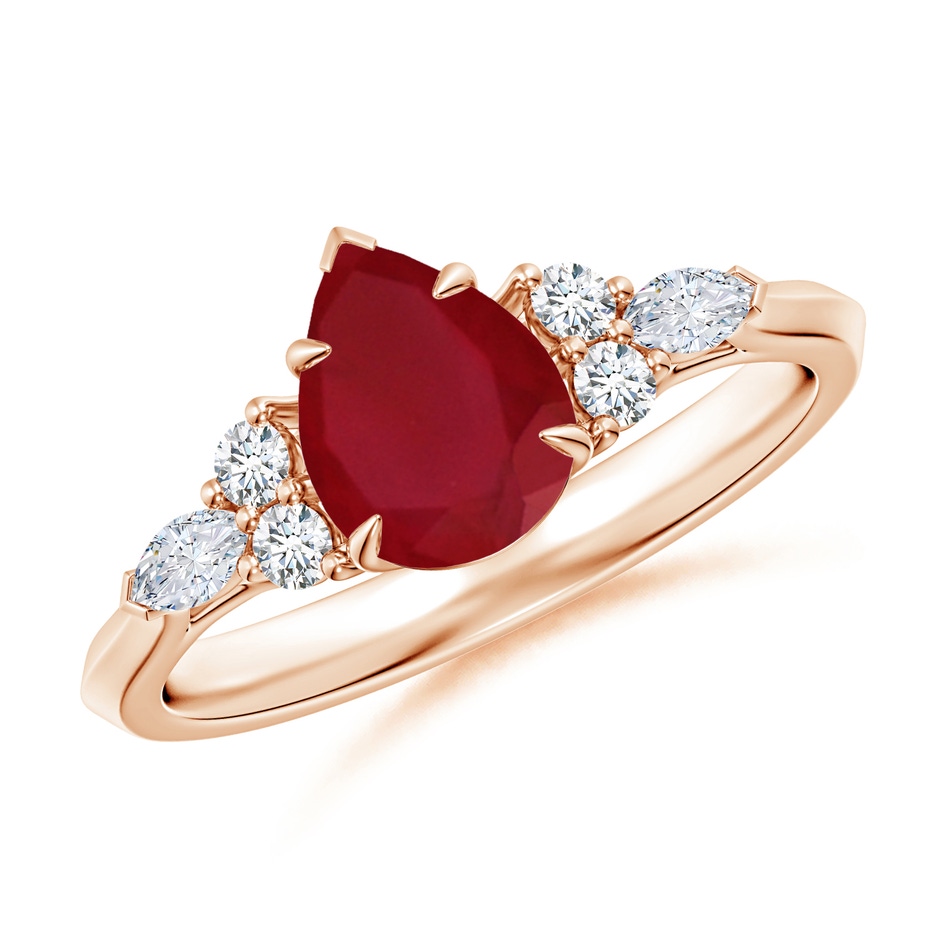 8x6mm AA Pear Shape Ruby Side Stone Engagement Ring with Diamonds in Rose Gold 