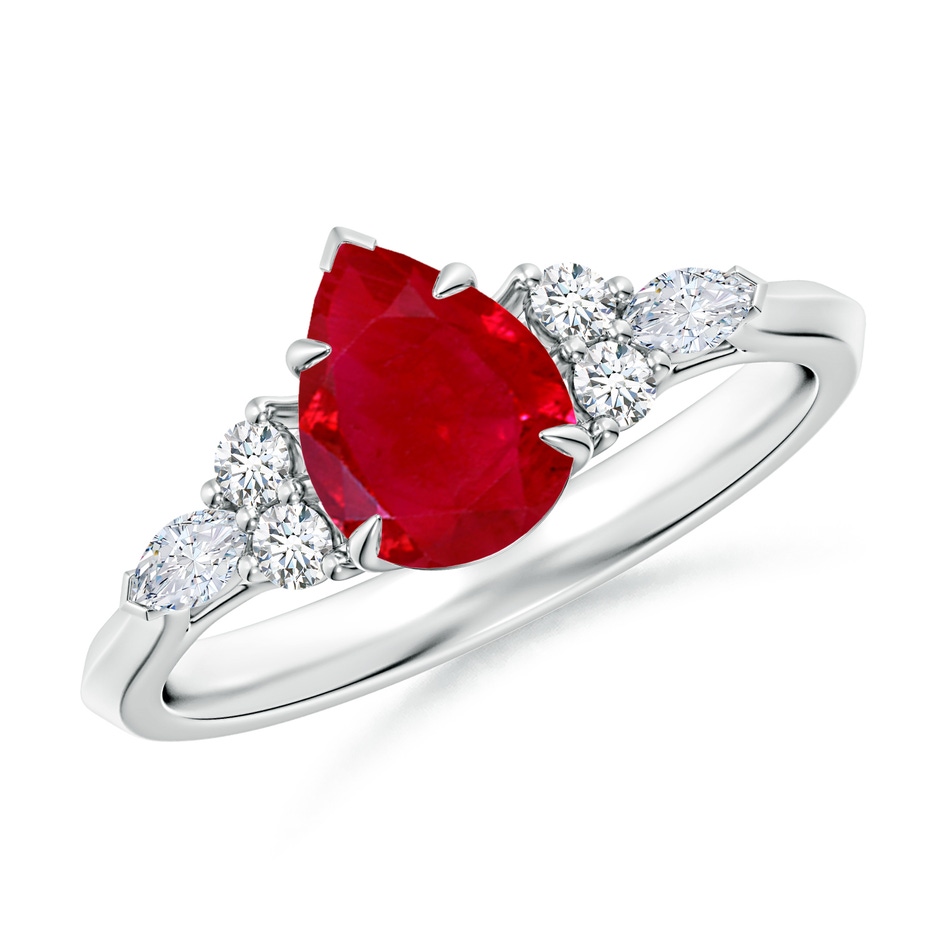 8x6mm AAA Pear Shape Ruby Side Stone Engagement Ring with Diamonds in White Gold 