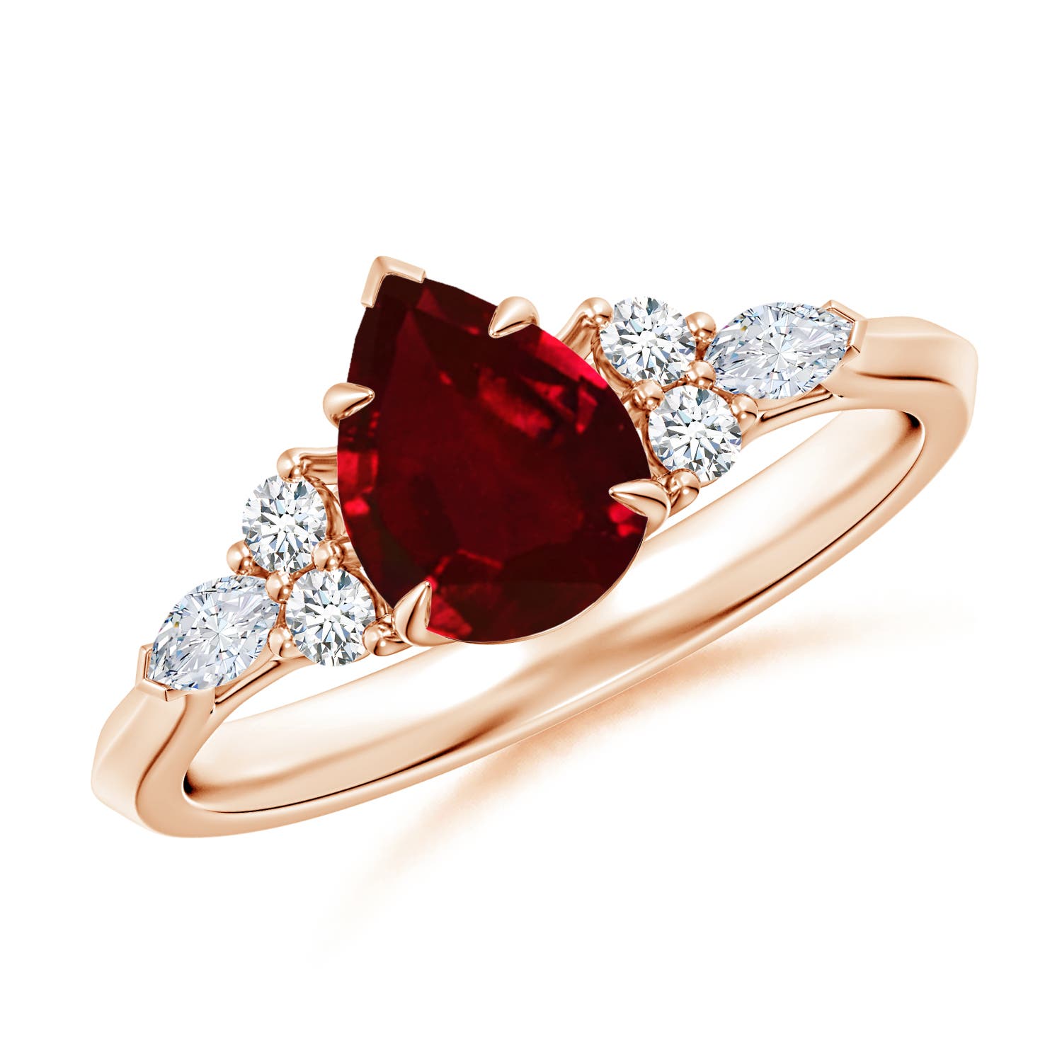 8x6mm AAAA Pear Shape Ruby Side Stone Engagement Ring with Diamonds in Rose Gold