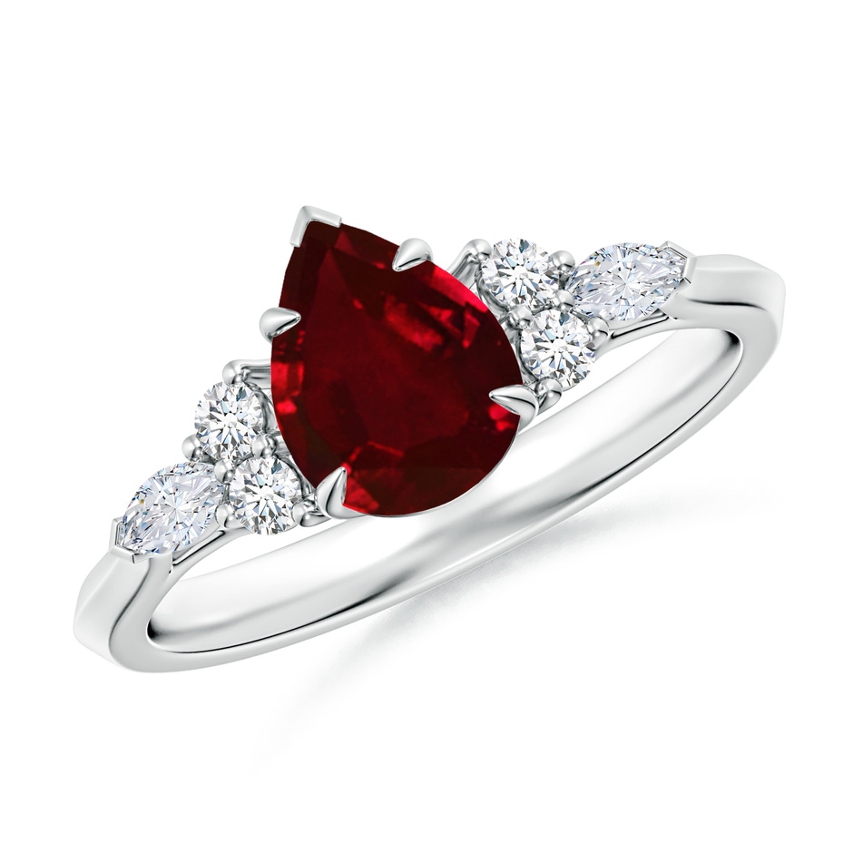 8x6mm AAAA Pear Shape Ruby Side Stone Engagement Ring with Diamonds in White Gold 