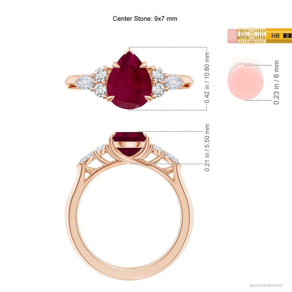 9x7mm A Pear Shape Ruby Side Stone Engagement Ring with Diamonds in Rose Gold ruler