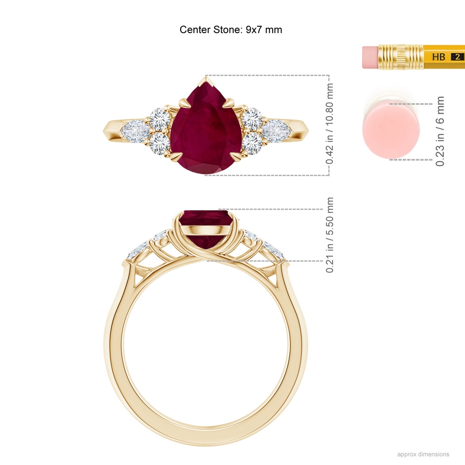 9x7mm A Pear Shape Ruby Side Stone Engagement Ring with Diamonds in Yellow Gold ruler