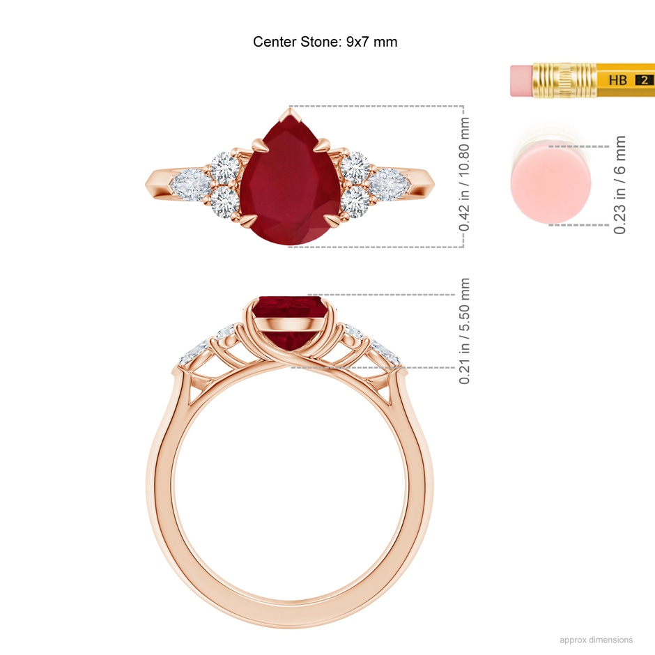 9x7mm AA Pear Shape Ruby Side Stone Engagement Ring with Diamonds in Rose Gold ruler