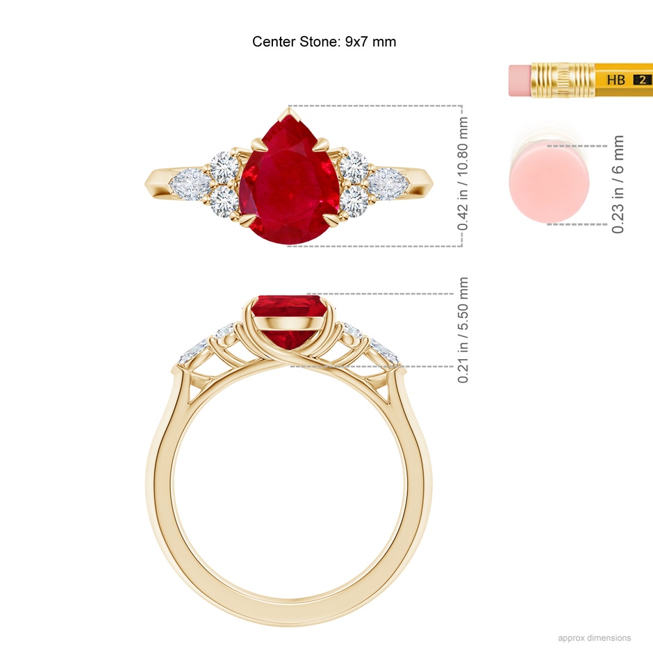 9x7mm AAA Pear Shape Ruby Side Stone Engagement Ring with Diamonds in Yellow Gold ruler