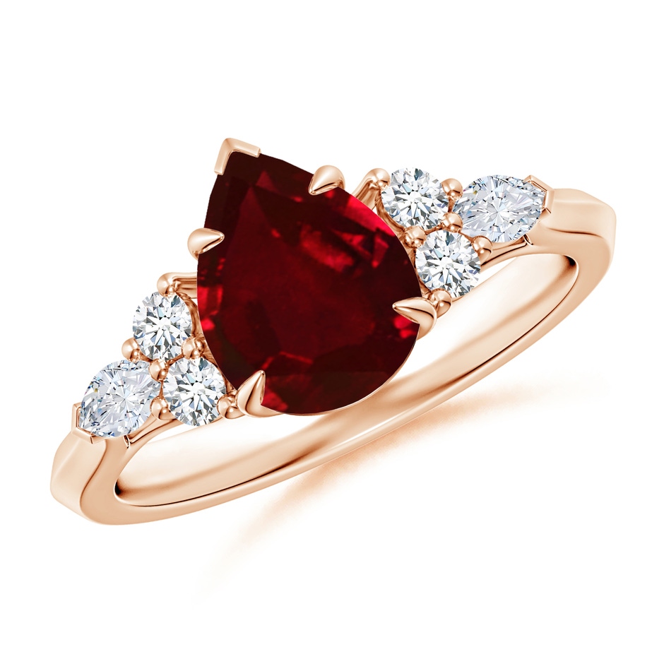 9x7mm AAAA Pear Shape Ruby Side Stone Engagement Ring with Diamonds in Rose Gold 