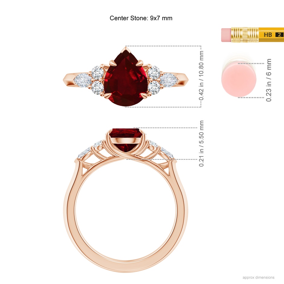 9x7mm AAAA Pear Shape Ruby Side Stone Engagement Ring with Diamonds in Rose Gold ruler