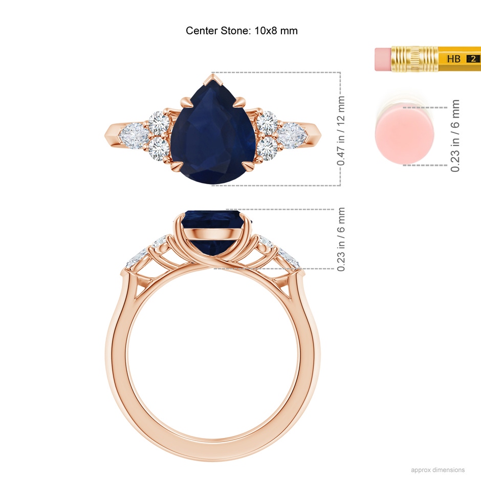 10x8mm A Pear Shape Blue Sapphire Side Stone Engagement Ring with Diamonds in Rose Gold ruler