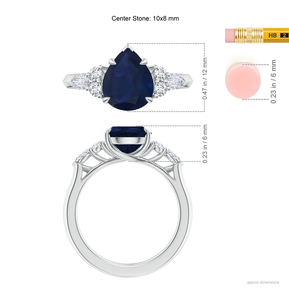 10x8mm A Pear Shape Blue Sapphire Side Stone Engagement Ring with Diamonds in White Gold ruler