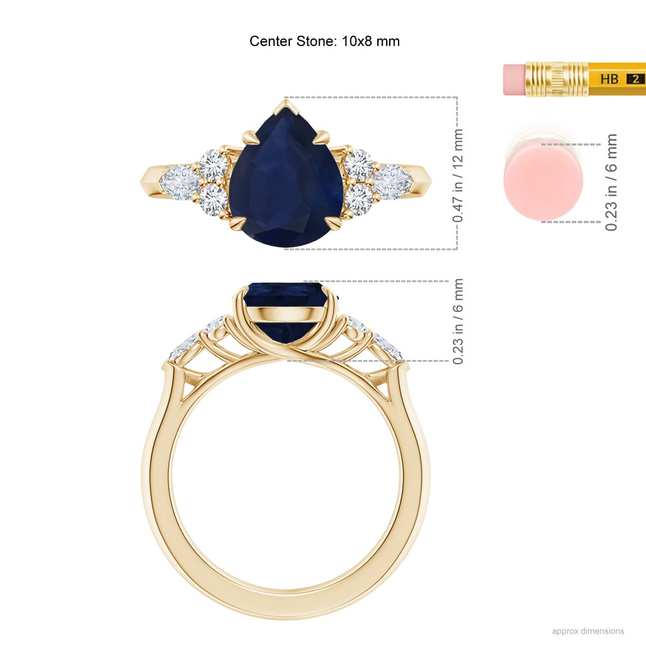 10x8mm A Pear Shape Blue Sapphire Side Stone Engagement Ring with Diamonds in Yellow Gold ruler