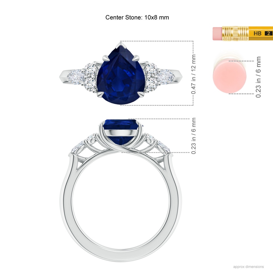 10x8mm AA Pear Shape Blue Sapphire Side Stone Engagement Ring with Diamonds in White Gold ruler