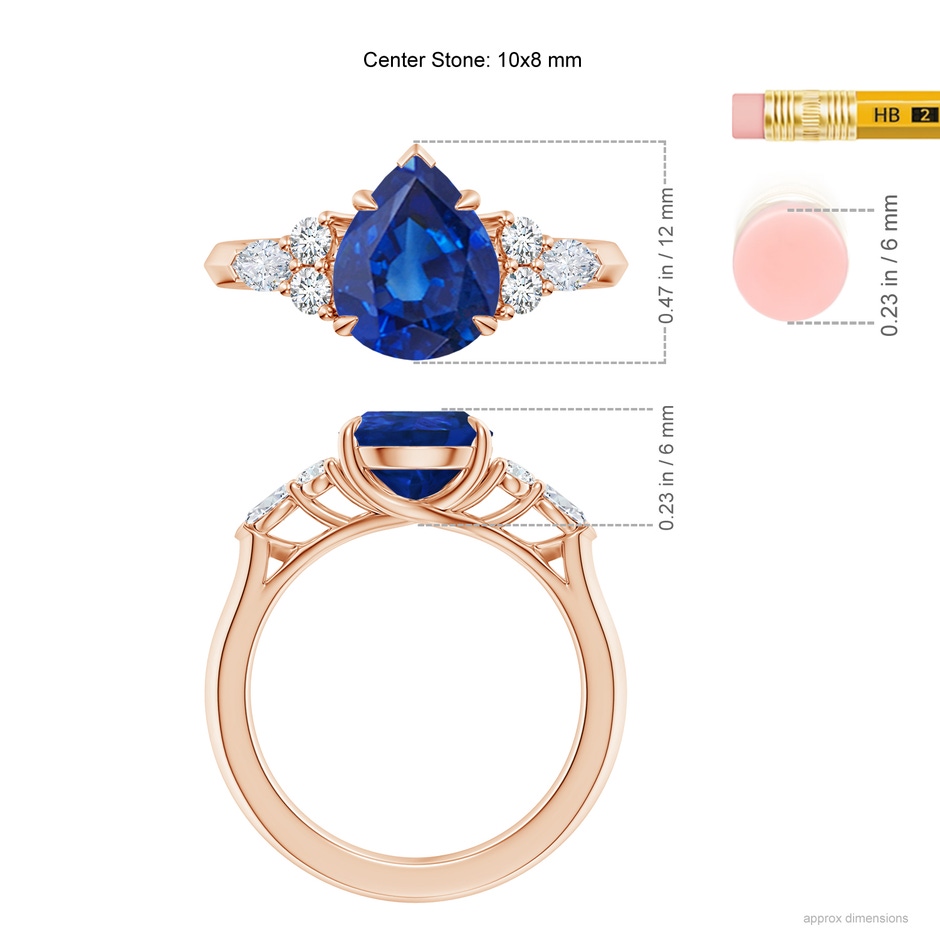 10x8mm AAA Pear Shape Blue Sapphire Side Stone Engagement Ring with Diamonds in 18K Rose Gold ruler