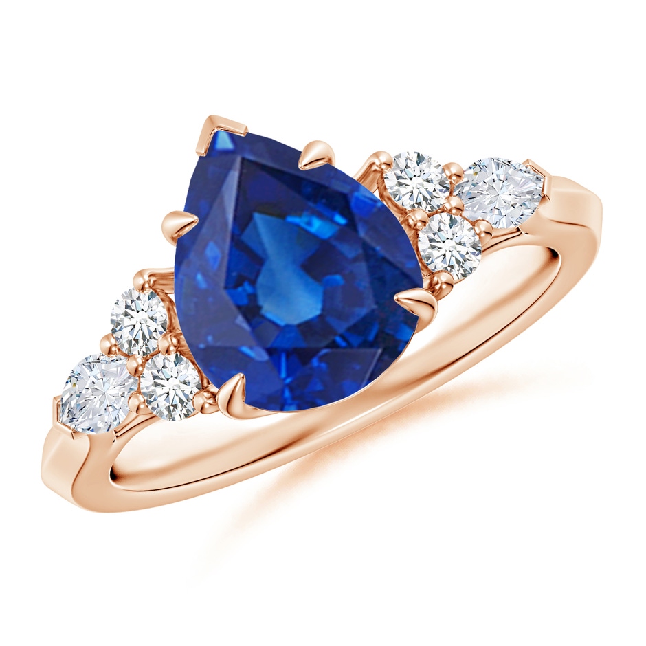 10x8mm AAA Pear Shape Blue Sapphire Side Stone Engagement Ring with Diamonds in Rose Gold 