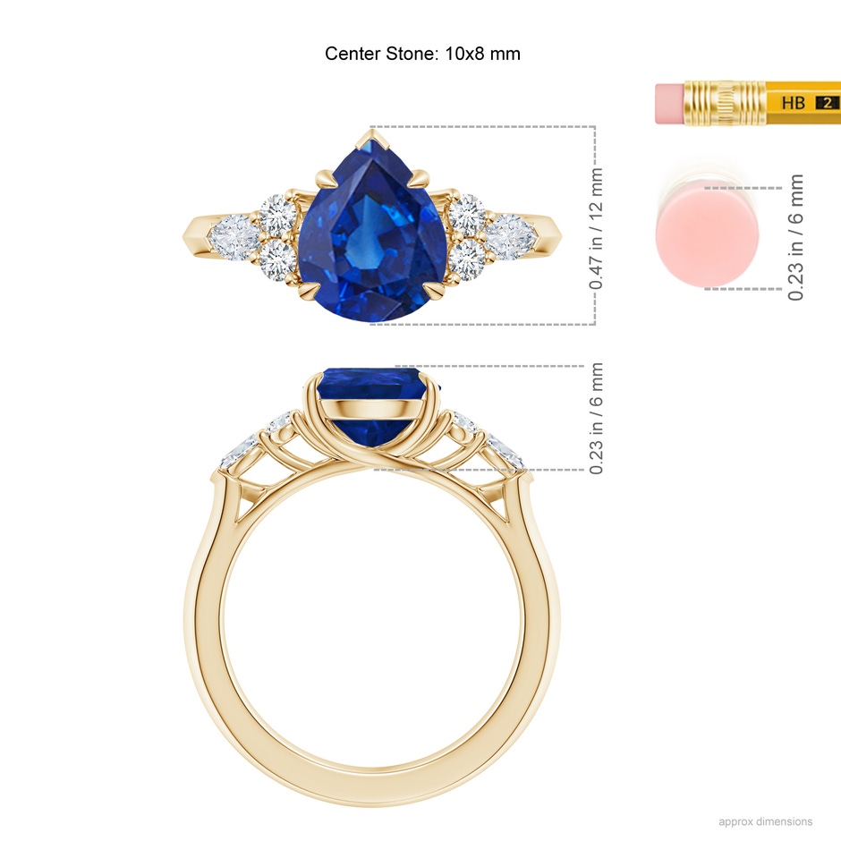 10x8mm AAA Pear Shape Blue Sapphire Side Stone Engagement Ring with Diamonds in Yellow Gold ruler