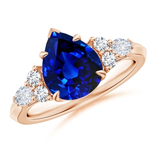 10x8mm AAAA Pear Shape Blue Sapphire Side Stone Engagement Ring with Diamonds in 9K Rose Gold