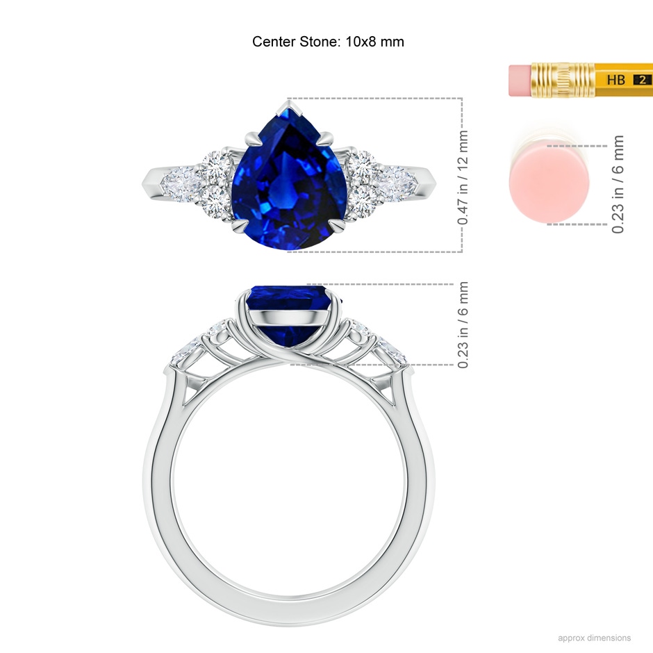 10x8mm AAAA Pear Shape Blue Sapphire Side Stone Engagement Ring with Diamonds in P950 Platinum ruler