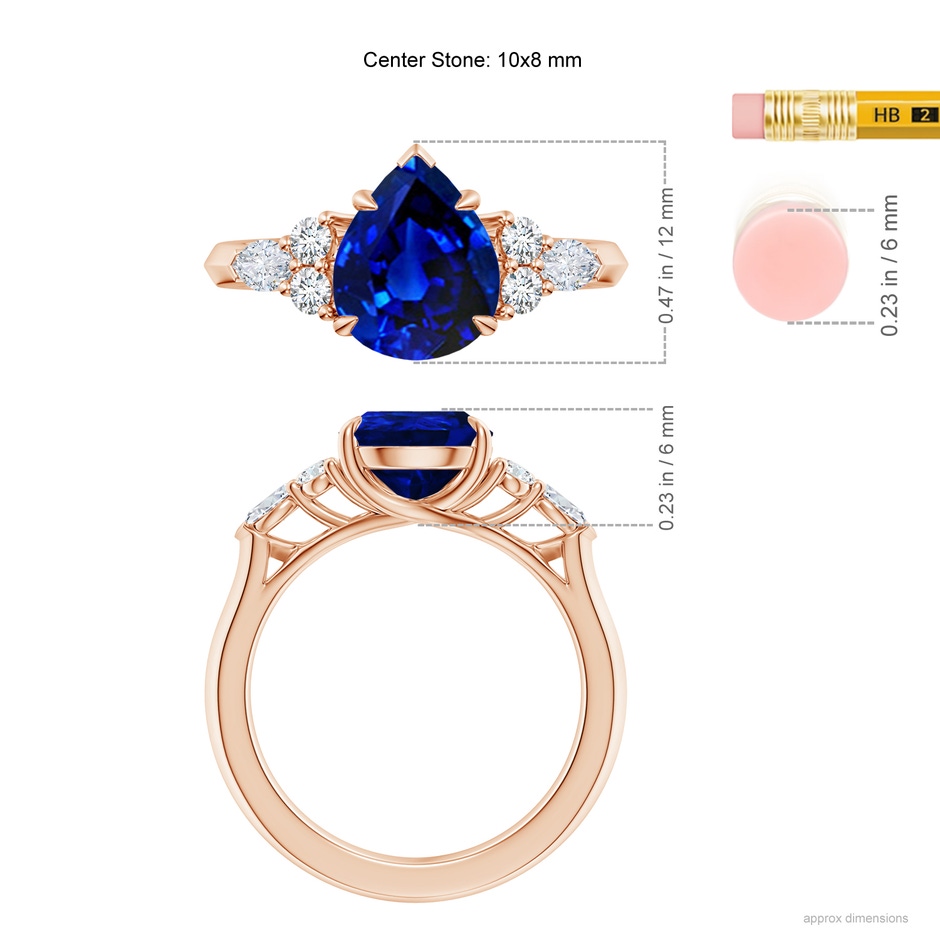 10x8mm AAAA Pear Shape Blue Sapphire Side Stone Engagement Ring with Diamonds in Rose Gold ruler