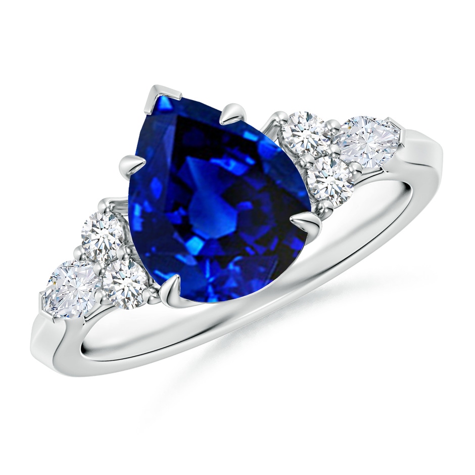 10x8mm Lab-Grown Pear Shape Blue Sapphire Side Stone Engagement Ring with Diamonds in White Gold 