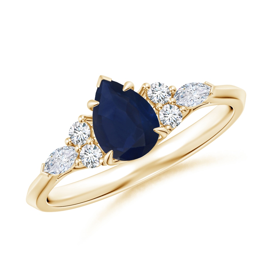 7x5mm A Pear Shape Blue Sapphire Side Stone Engagement Ring with Diamonds in 10K Yellow Gold 
