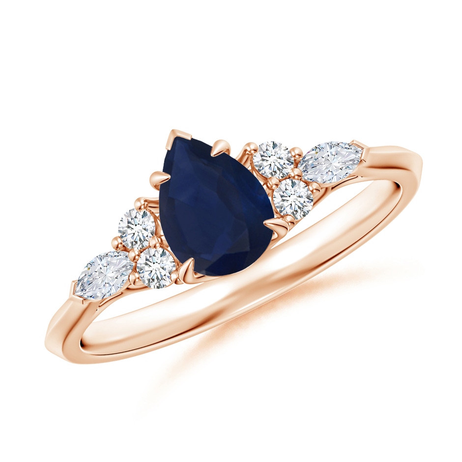 7x5mm A Pear Shape Blue Sapphire Side Stone Engagement Ring with Diamonds in Rose Gold 