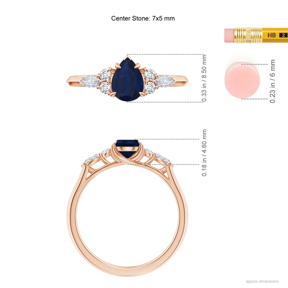 7x5mm A Pear Shape Blue Sapphire Side Stone Engagement Ring with Diamonds in Rose Gold ruler