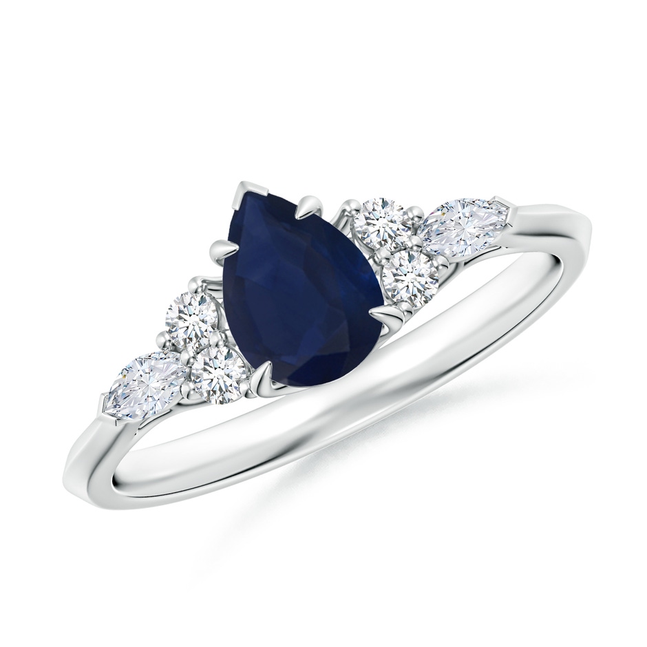 7x5mm A Pear Shape Blue Sapphire Side Stone Engagement Ring with Diamonds in White Gold 